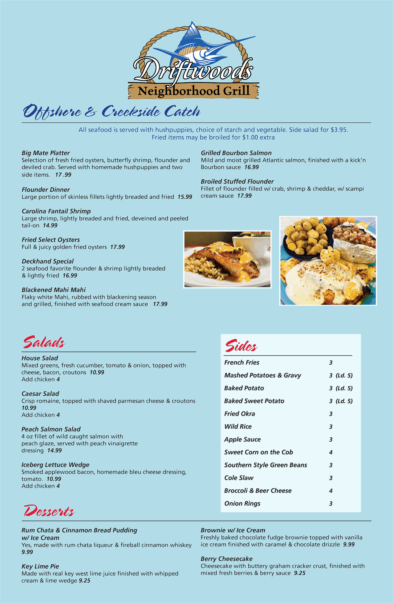 Driftwoods Dinner Menu