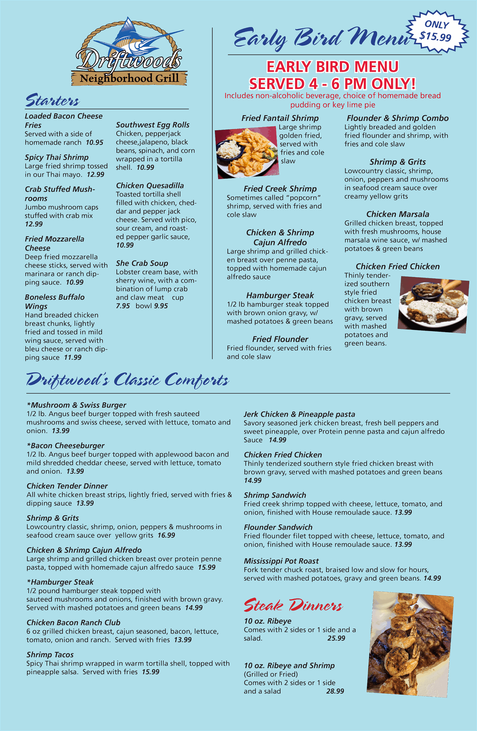 Driftwoods Dinner Menu